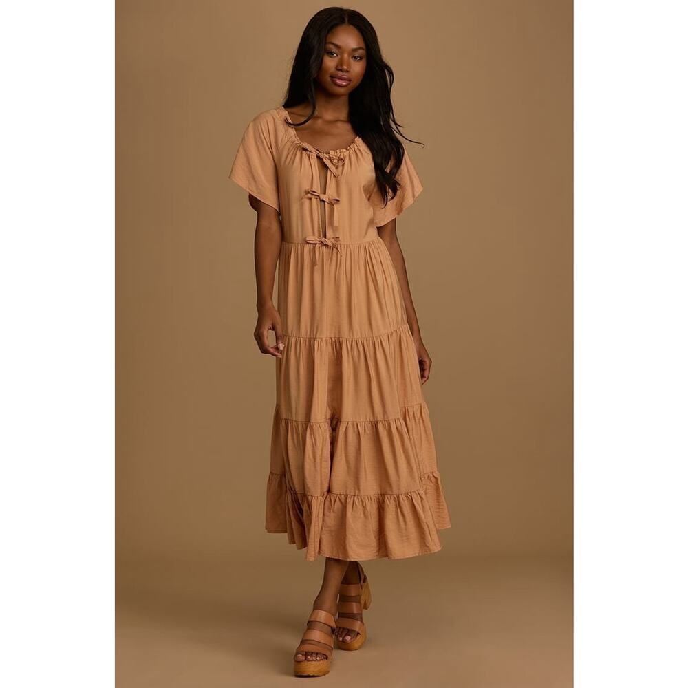 Lulus Present Moment Light Orange Bow Front Tiered Maxi Dress Small